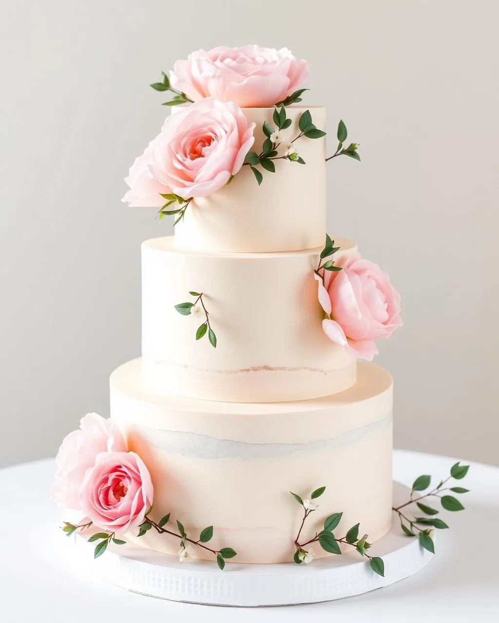 Wedding cake trois étages nude, roses et pivoines fraîches en décor.