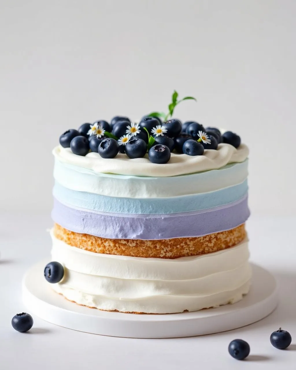 Layer cake vanille et myrtilles avec crème pastel bleu dégradé et myrtilles fraîches.