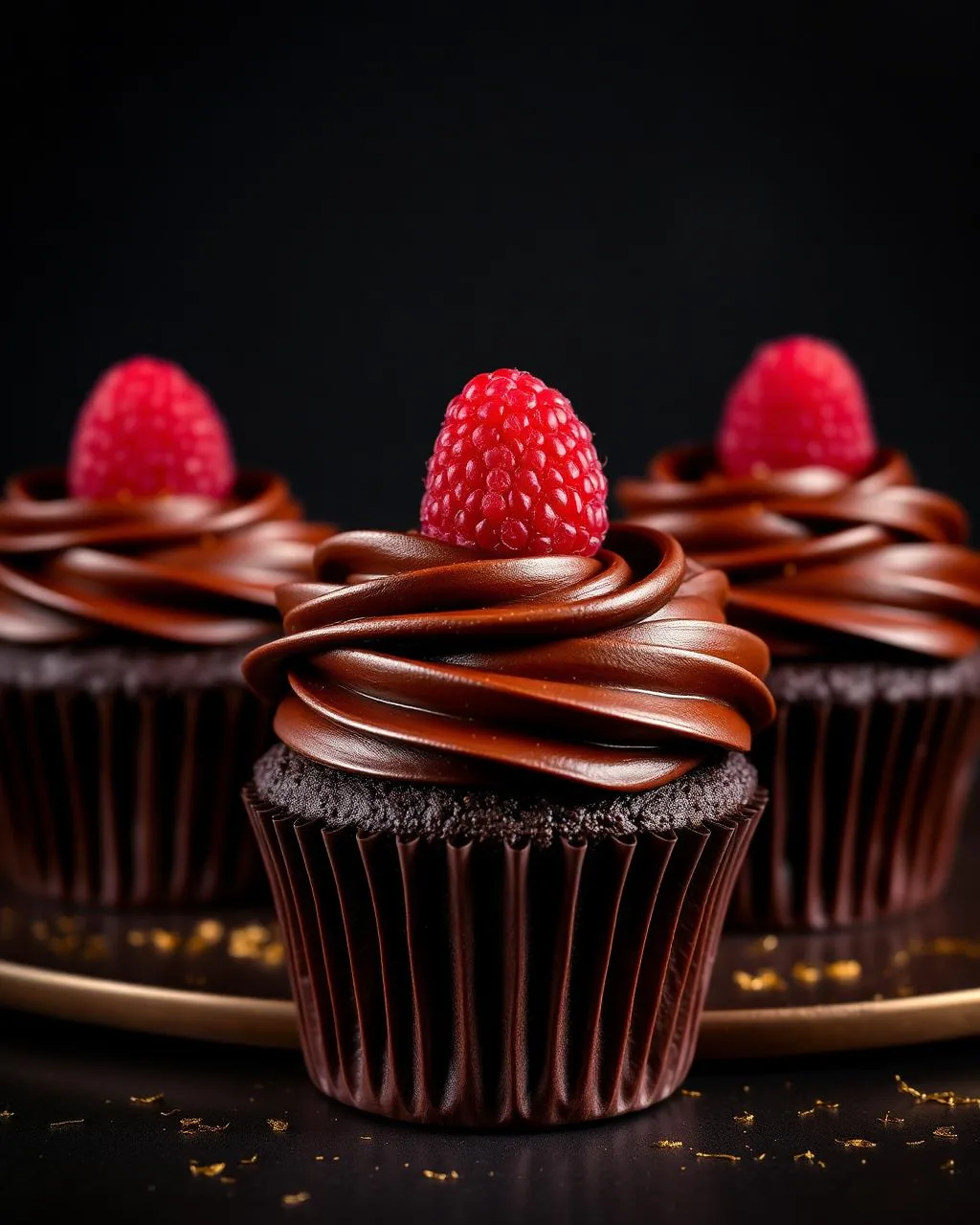 Cupcakes chocolat ganache avec framboise fraîche et éclats d'or comestible.