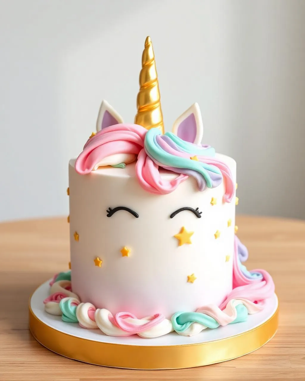 Gâteau anniversaire enfant thème licorne pastel, corne dorée, crinière multicolore et étoiles dorées.
