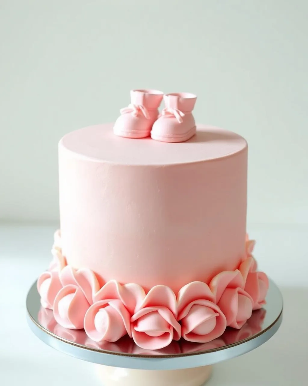 Gâteau baby shower rose poudré avec petits chaussons de bébé en pâte à sucre.