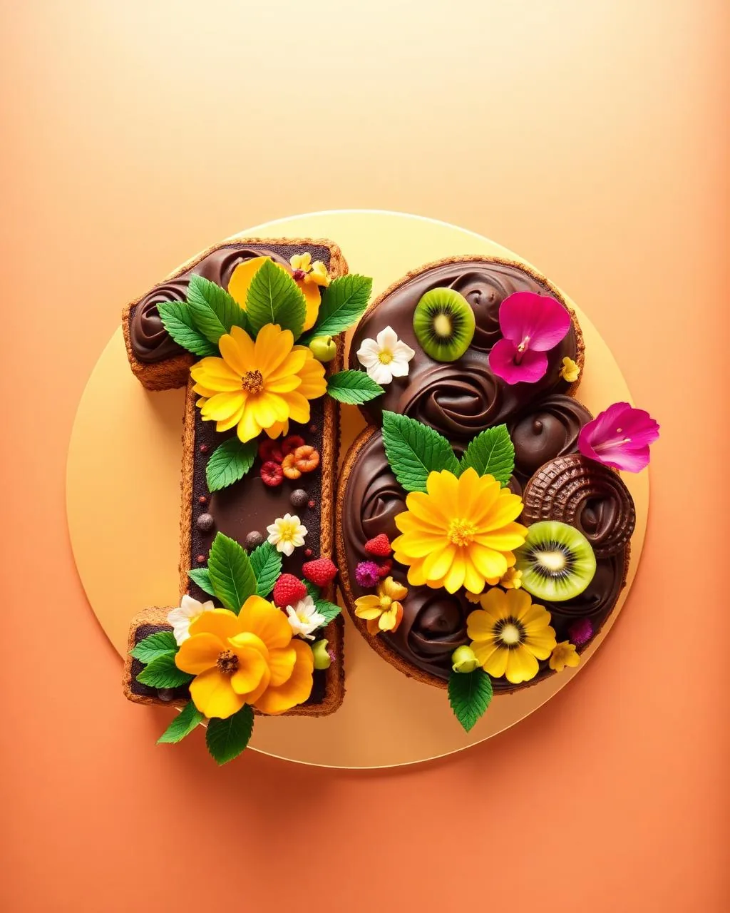 Number cake 18 au chocolat ganache avec fruits exotiques et fleurs comestibles.