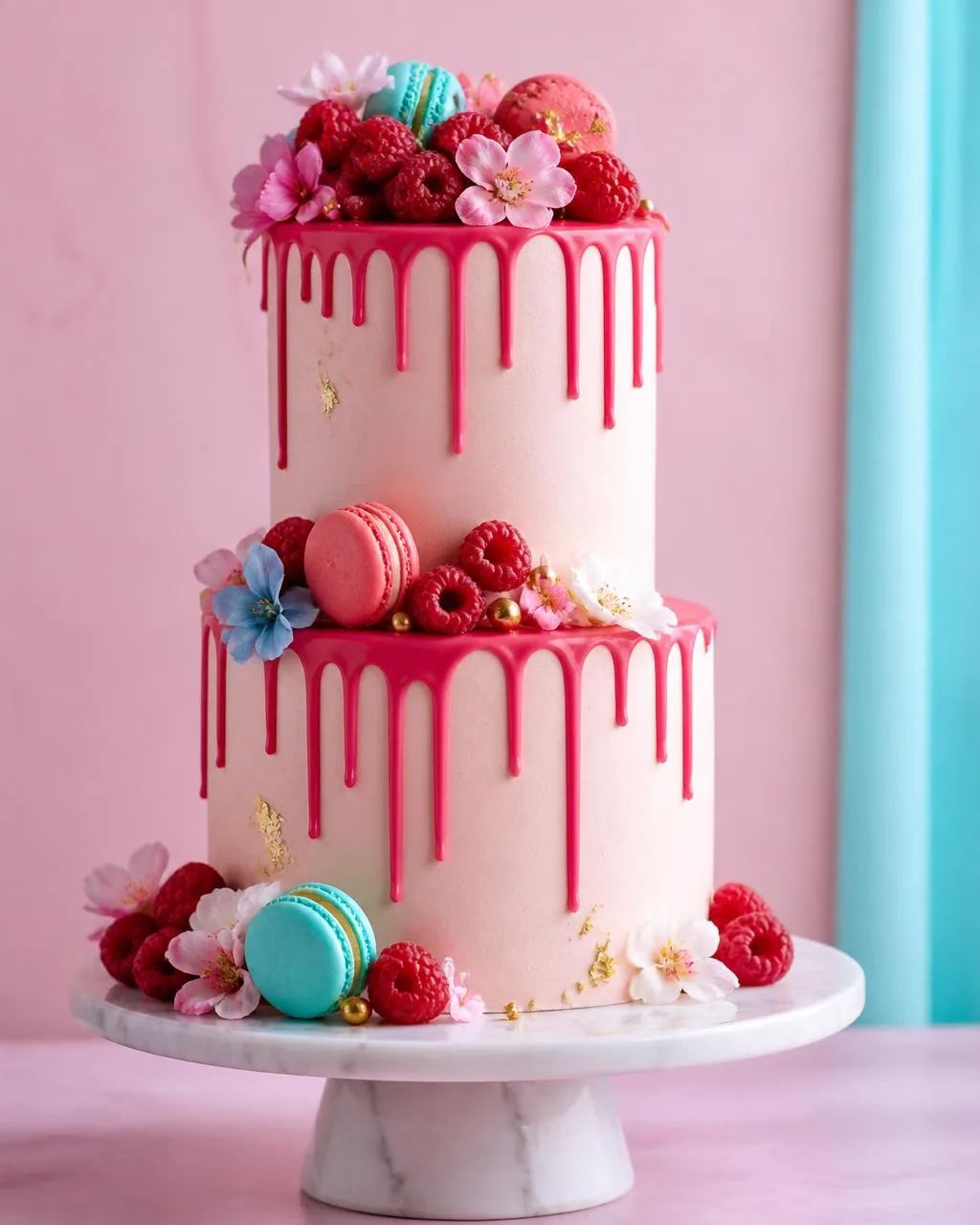 Layer cake à deux étages, drip fuchsia brillant, framboises, macarons rose et turquoise, fleurs comestibles, sur support marbre.